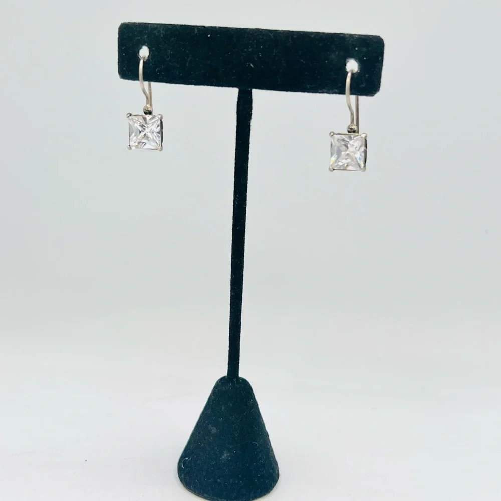 Simple artisan 925 silver shepherds hook rectangular clear rhinestone earrings